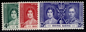 HONG KONG GVI SG137-139, 1937 CORONATION set, LH MINT. Cat £20.