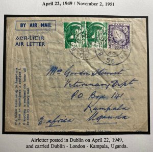 1949 Dublin Ireland Air Letter Cover To Veterinary Dept Kampala Uganda