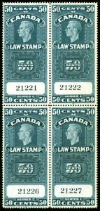 Canada 1938 50c Blue Law Stamp Revenue van Dam FSC 25 Gem Block of 4