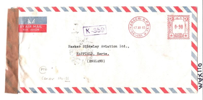 PAKISTAN Air Mail PIA *K-11* CENSOR Karachi HAWKER SIDDELEY AVIATION 1965 MAX110