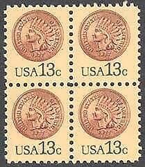 1978 Indian Head Penny Block of 4 13c Postage Stamps, Sc# 1734, MNH, OG