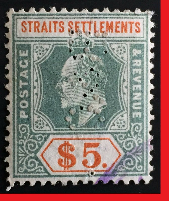 Malaya Straits Settlements 1902 KE VII Crown CA $5 PERFIN SG#121 M2510A