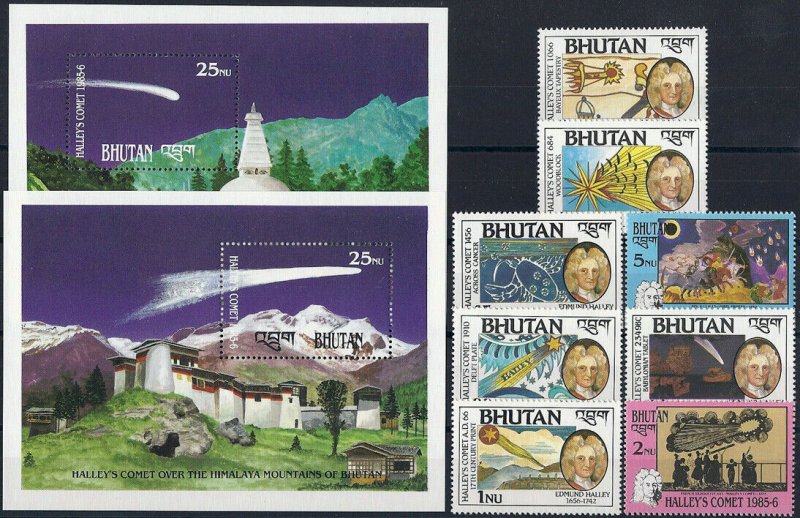 1986 Bhutan Halley´s Comet, Space, 2 Sheets+ 2 complete sets VF/MNH, CAT 30$