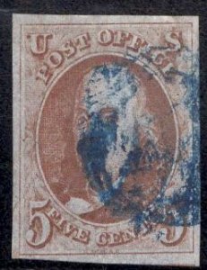 US Stamp #1a Dark Brown 1c Franklin w/ + $40 Blue Cancel SSCV $440