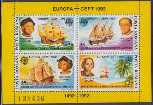 ROMANIA Sc# 3742a-d CPL MNH S/S DISCOVERY of AMERICA, COLUMBUS - 500th ANN