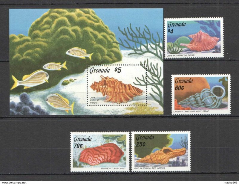 1986 Grenada Fish Marine Life Seashells #1485-88 Michel 13 Euro Bl+Set ** Pm096