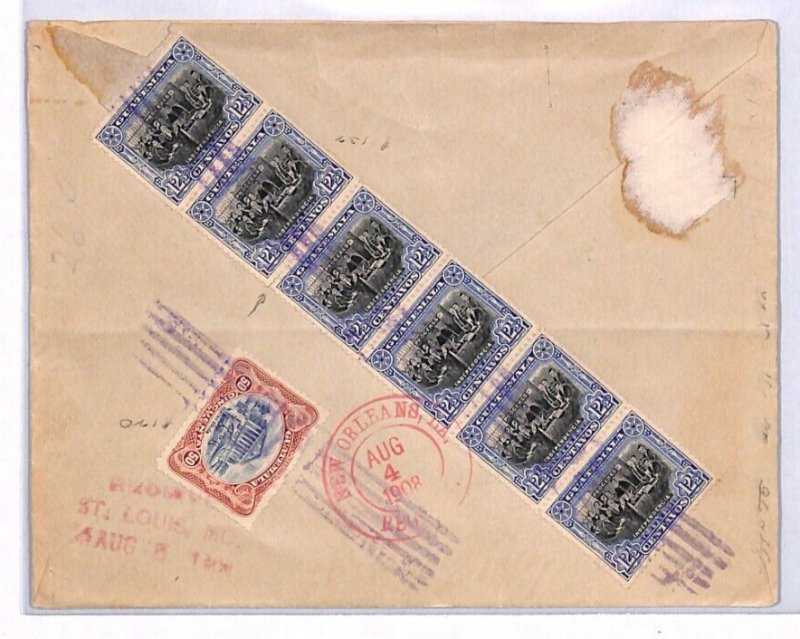 GUATEMALA Cover *SPECTACULAR STRIP{6} FRANKING* 1908 USA via New Orleans YT344