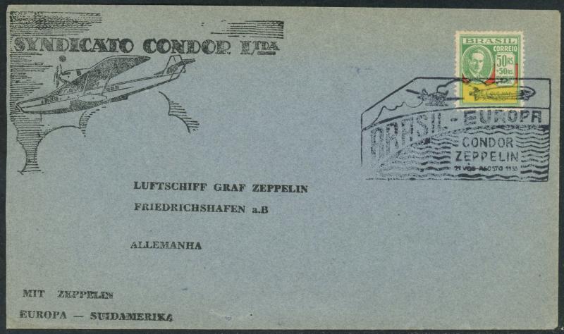 1933 Brasil to Germany Luftschiff Graf Condor Zeppelin Air Mail Postal Cover 