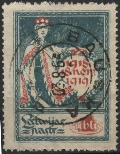 Latvia 63 (used, Bauska pmk) 1r independence, grn & red (28x38mm) (1919)