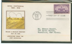 US 838 1938 3c Iowa Territory Centennial on an addressed first day cover with an unknown cachet.