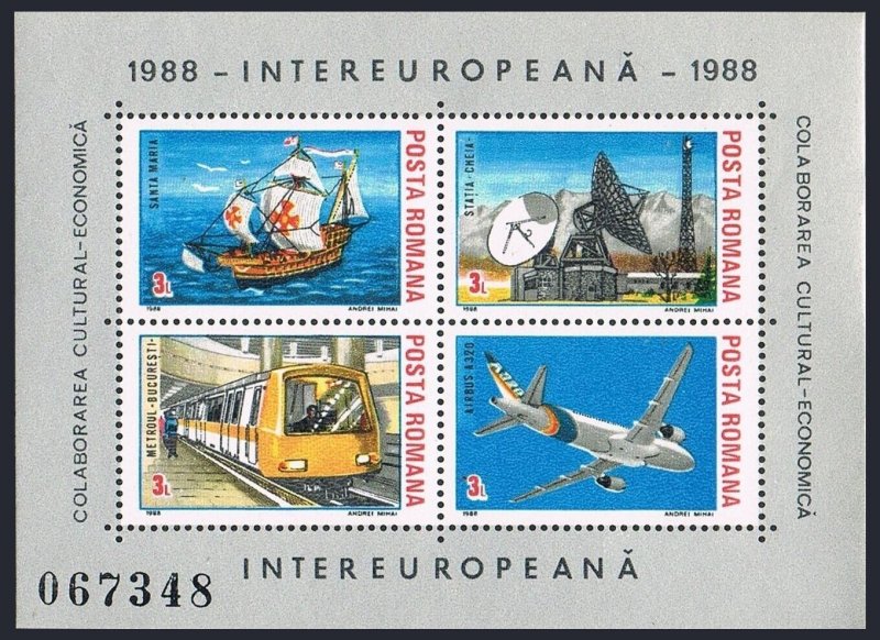 Romania 3510-3511 ad sheets,MNH. Intereuropa-1988.Transportation,Communications.