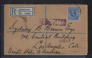 EAST AFRICA AND UGANDA (P0302B) 1913 KE 12C+1CX2+10C REG MOMBASA TO USA 