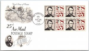 US FIRST DAY COVER 25c AIRMAIL ABRAHAM LINCOLN C59 BLOCK OF (4) ARTCRAFT 1960