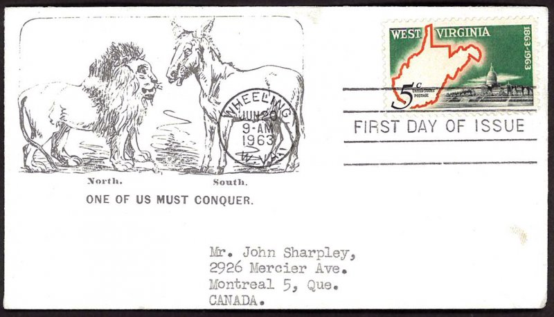 U.S.A. SC#1232 West Virginia Statehood - One of us must Conquer (1963) FDC