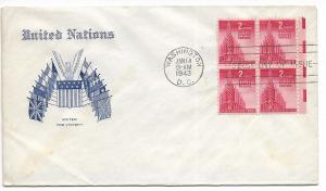 US 907 (Me-12) 2c United Nations blk 4 FDC Grimsland Cachet ECV $22.50