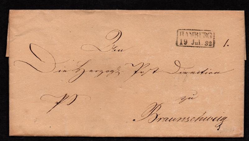 $German Stampless Cover, Hamburg-Braunschweig, 1832, reverse box date