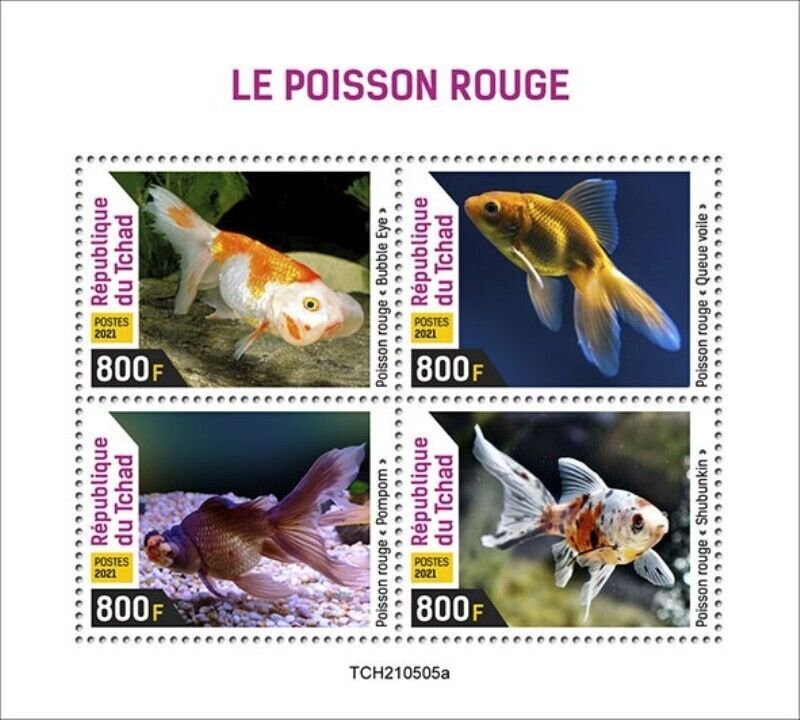 Chad - 2021 Goldfish, Bubble Eye, Pompom , Shubunkin - 4 Stamp Sheet TCH210505a