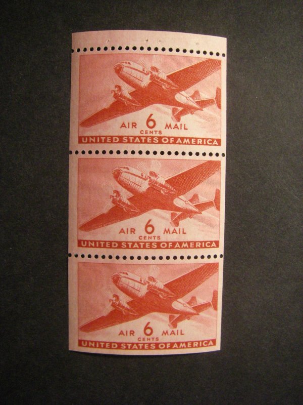 Scott C25a, 6c Twin Motor, Pane of 3 with tab, MNH Airmail Beauty