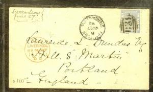 SIERRA LEONE (P2909B) 1893 QV 2 1/2D ON COVER TO ENGLAND