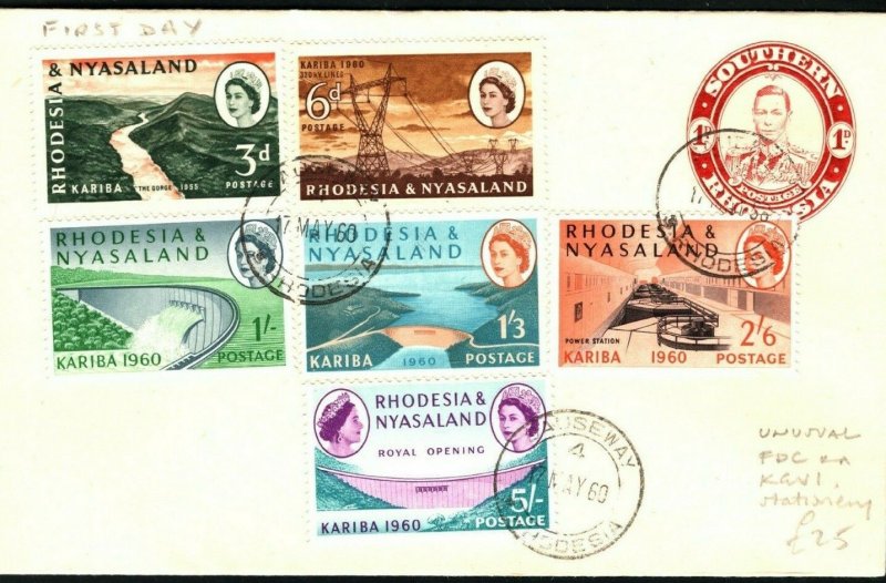 RHODESIA QEII FDC Unusual First Day Cover KGVI 1d Stationery Causeway 1960 PB377