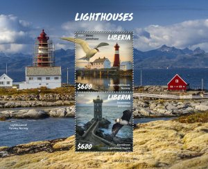 Liberia Lighthouses Stamps 2020 MNH Tranoy Kermorvan Lighthouse Birds 2v S/S