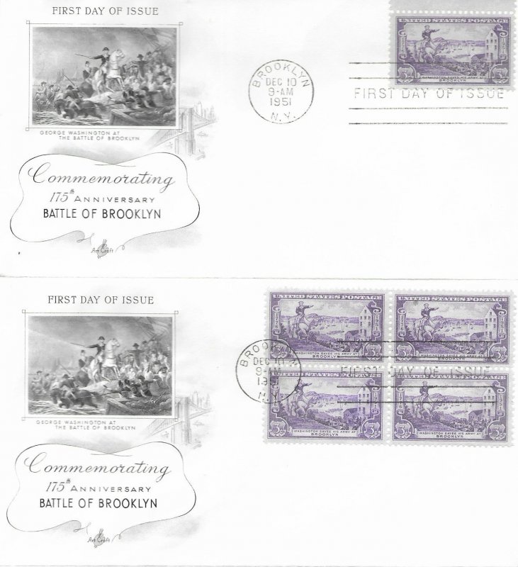 1951 FDC, #1003, 3c Battle of Brooklyn, Art Craft, single/block of 4