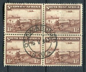 SOUTH WEST AFRICA; 1936 Train Plane & Ship issue Postmark used 1.5d Block of 4