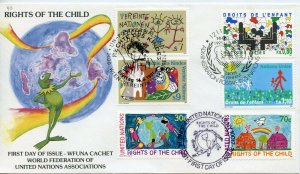 UNITED NATIONS WFUNA 1991 CHILD RIGHTS COMBO FDC CACHET DESIGN BY HEATHER HENSON