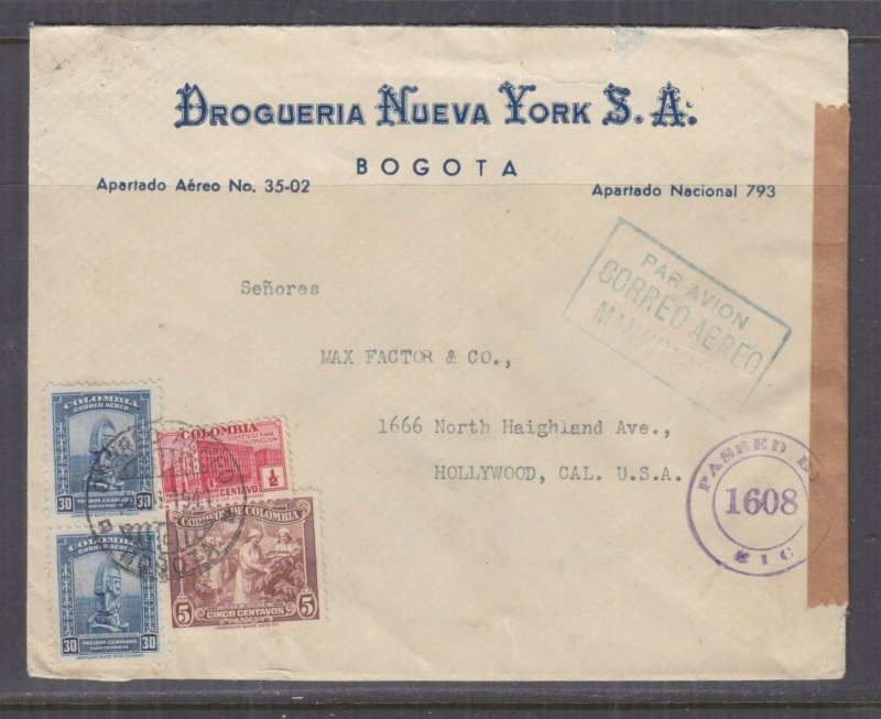 COLOMBIA, 1942 Censored Airmail cover, Bogota to USA,  1/2c., 5c., 30c.(2).