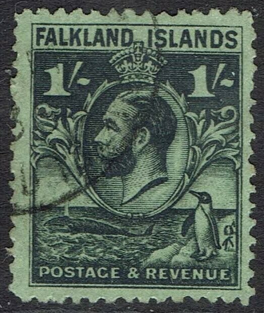 FALKLAND ISLANDS 1929 KGV WHALE AND PENGUIN 1/- USED