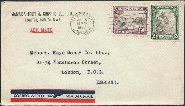 JAMAICA 1937 8d airmail rate cover Kingston to UK.........................49722