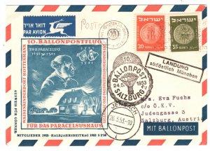 ISRAEL BALLOON MAIL Cover Tel Aviv AUSTRIA Salzburg Jenbach 1953{samwells}KA30