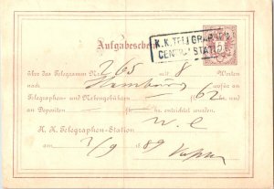 Austria 5kr Arms imprint 1889 K. K. Telegraphen Central Station receipt for t...