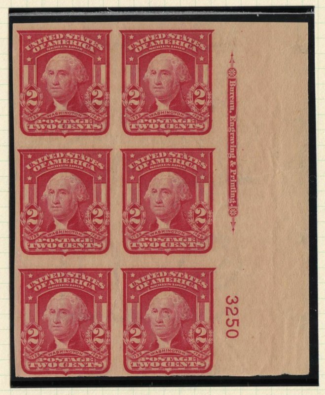 1906 Sc 320 2c carmine imperf MNH original gum plate block of 6