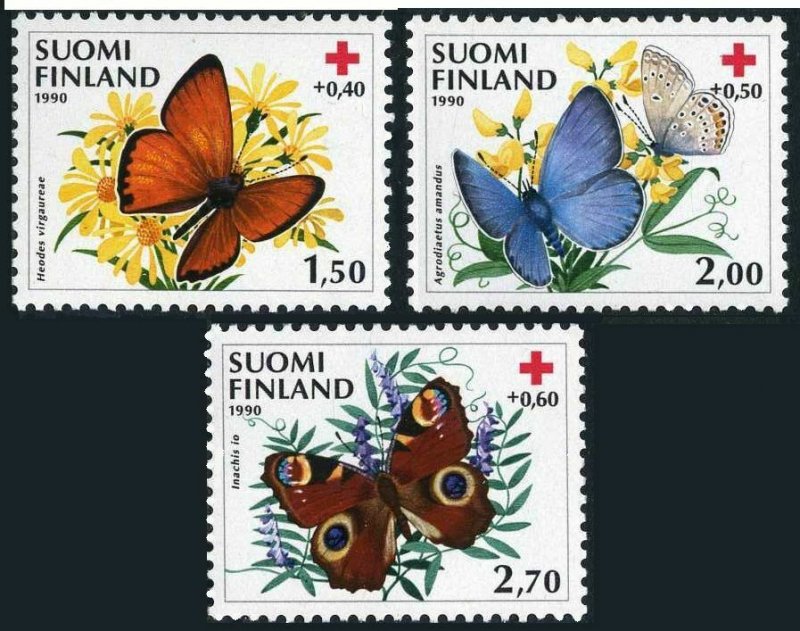 Finland B241-B243,MNH.Michel 1110-1112. Red Cross-1990.Butterflies.