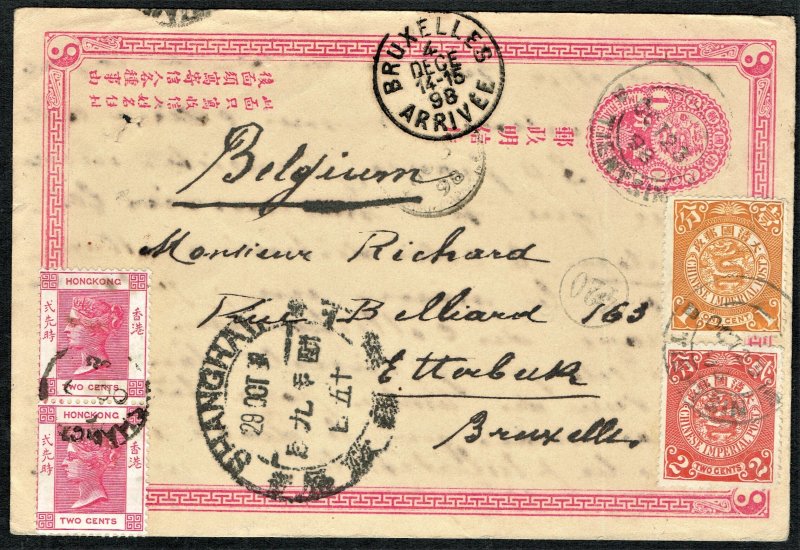 [st3007] CHINA 1898 ENTIRE PC Tientsin via Shanghai to Brussels MIXTE FRANKING