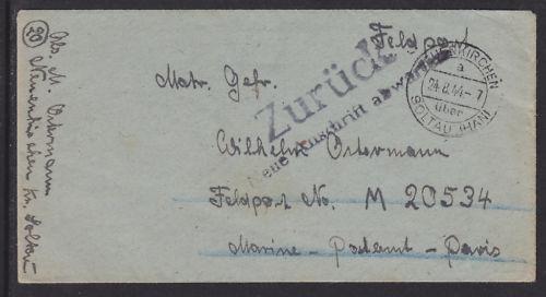 Germany, 1944 Feldpost Cover, Zurück handstamp