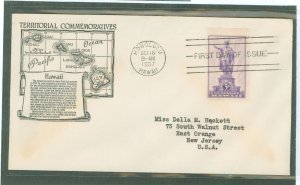 US 799 1937 3c Hawaii (part of the US Possessions series) single on an addressed first day cover with an Anderson cachet.