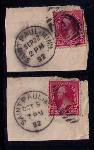 US Scott #220 x 2 Ea Used On Cut Corners Oct & Sept 1892 Cancellations F-VF