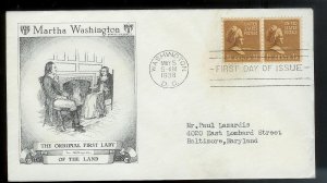 UNITED STATES FDC 1 ½¢ Martha Washington Pair 1938 Ernest Gilbert