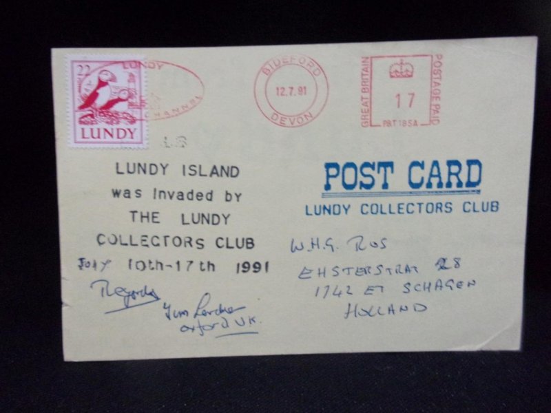 LUNDY: LUNDY STAMP USED ON 1991 POSTCARD