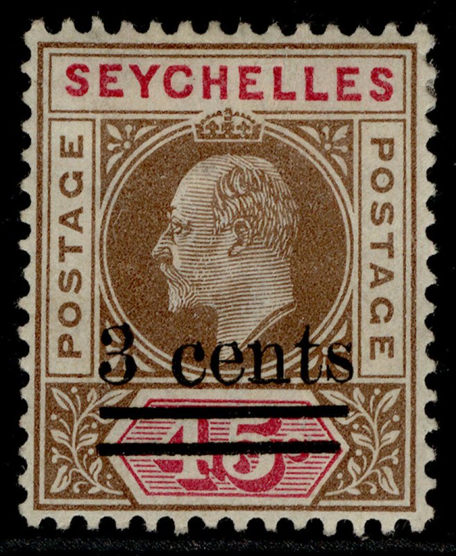 SEYCHELLES EDVII SG59, 3c on 45c brown & carmine, M MINT. 