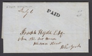 US, 1846 West Meriden CT Straight-line cancel on folded letter to NY