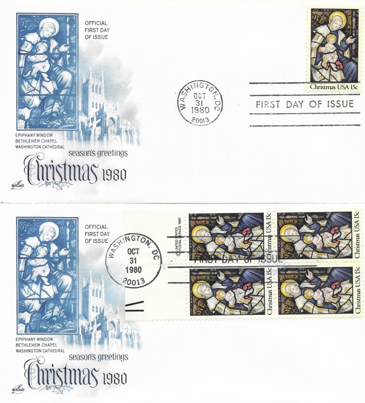 1980 FDC, #1842, 15c Christmas, Art Craft - single/block of 4