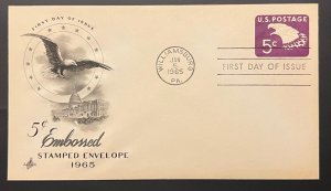 5¢ EMBOSSED STAMPED ENVELOPE JAN 5 1965 WILLIAMSBURG PA FIRST DAY COVER FDC BX2