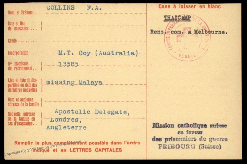 Australia 1943 UK Malaya Japanese POW THAI Camp Red Cross Cover Catholic S 89599