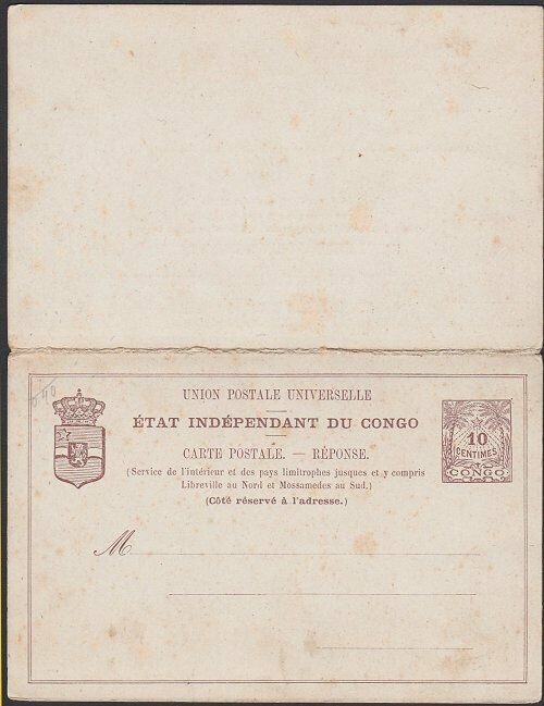 BELGIAN CONGO early 5c+5c postcard with reply card attached unused..........F812