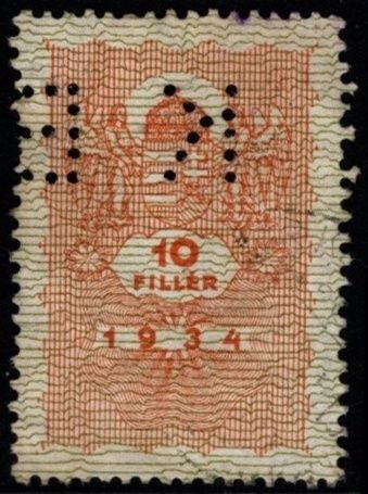 1934 Hungary Revenue 10 Filler General Tax Duty Used Perfin KB