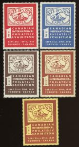  1951 CANADA PHILATELIC EXHIBITION  TORONTO ~ Set Of (5) Poster Stamp