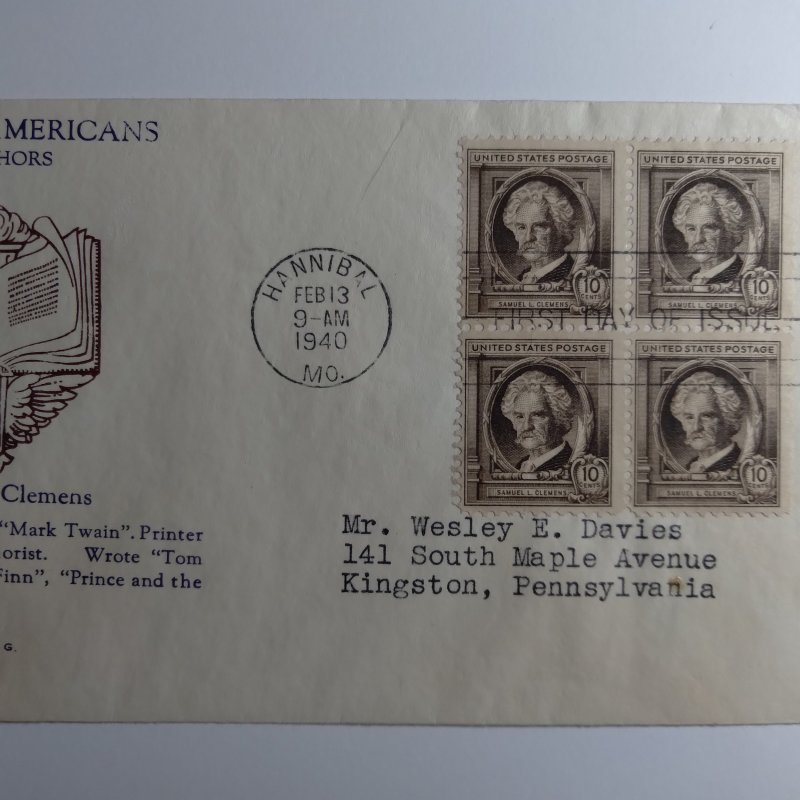 SCOTT #863 FIRST DAY OF ISSUE TEN CENT BLOCK OF 4 SAMUEL L.CLEMENS NICE CACHET